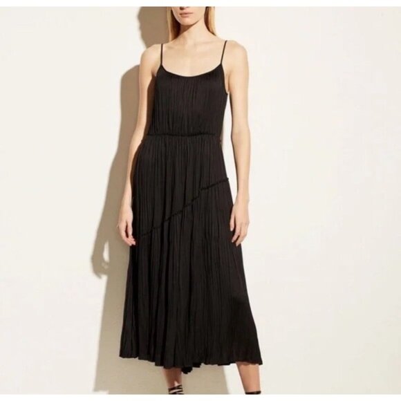 Vince Tiered Asymmetric Midi Dress Satin Sleeveless Pleated Sz M NWT $425